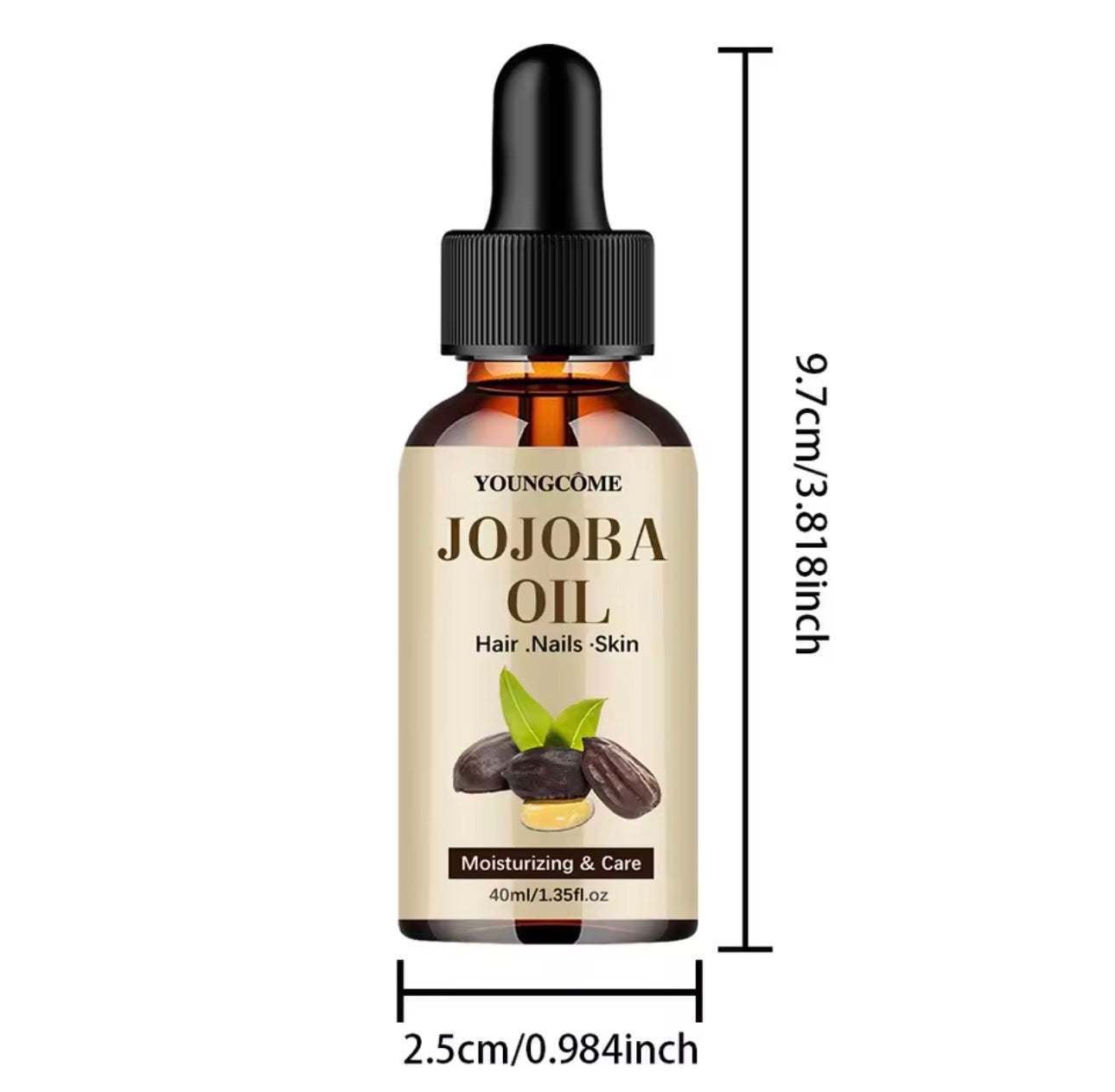 Nuvyra Jojoba Oil bottle with dimensions